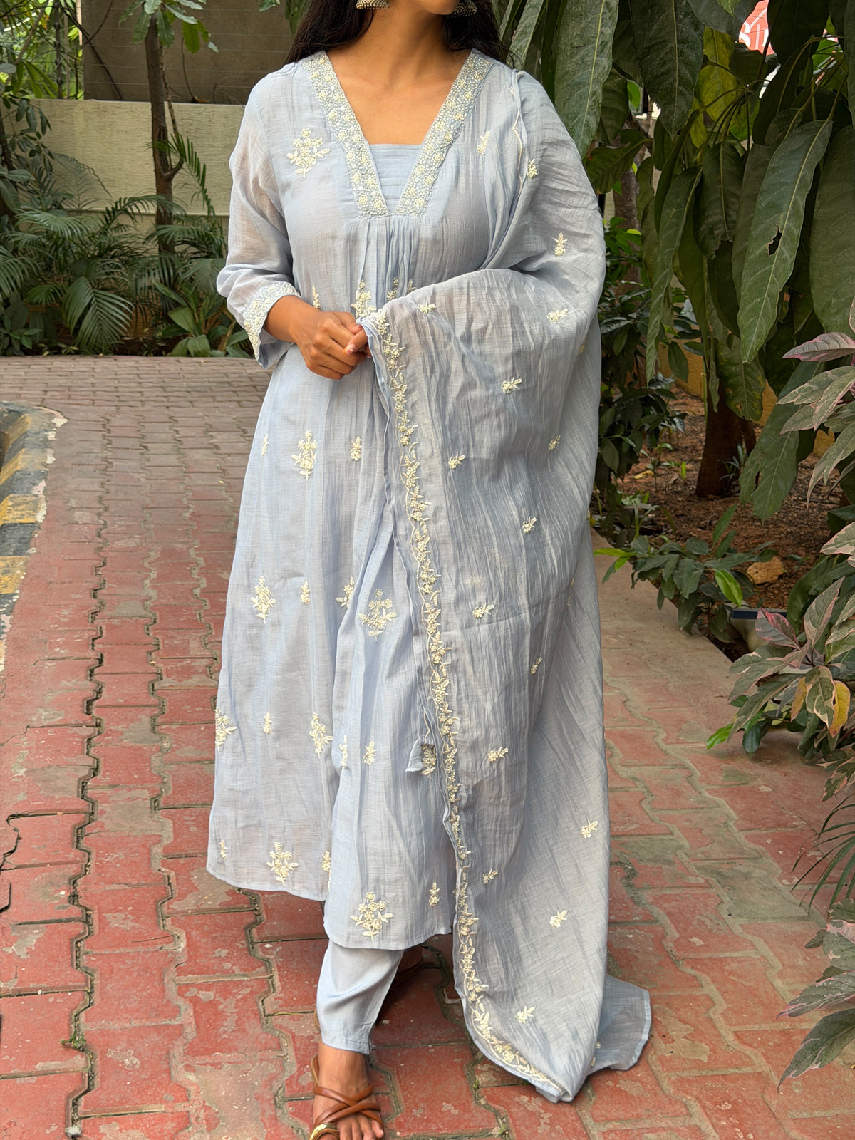 A0889 powder blue mul chanderi 3 piece dress