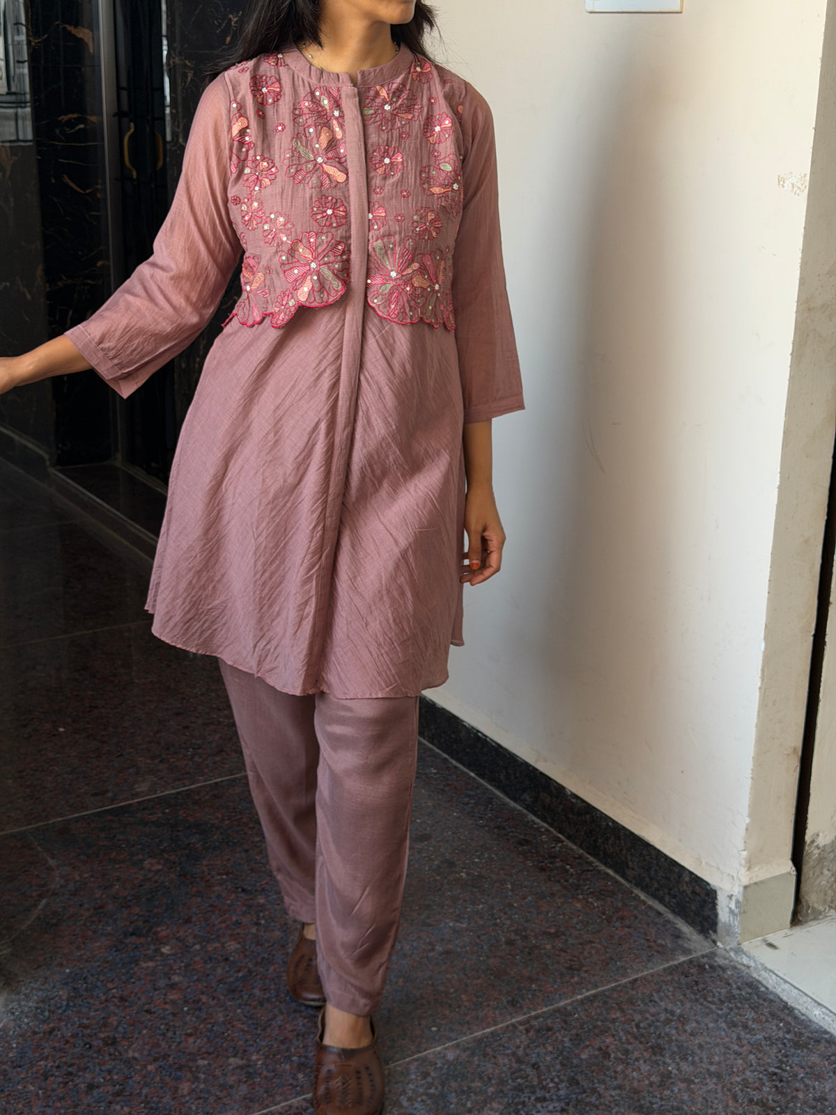 Brown Mul Chanderi 2pc Cord set with coat style look.