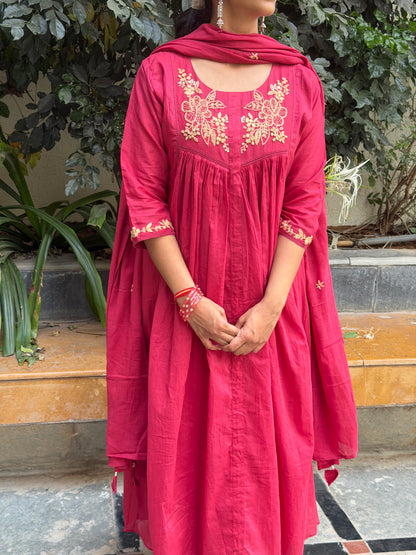 A0658 maroon Mul cotton 3pc set with embroidery detailing