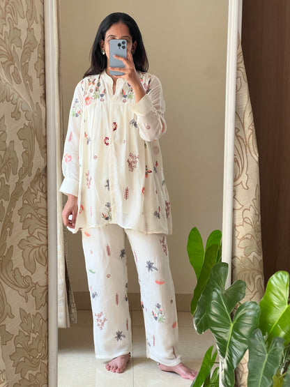A0508 half white chinnon coord set with embroidery butties all over the dress