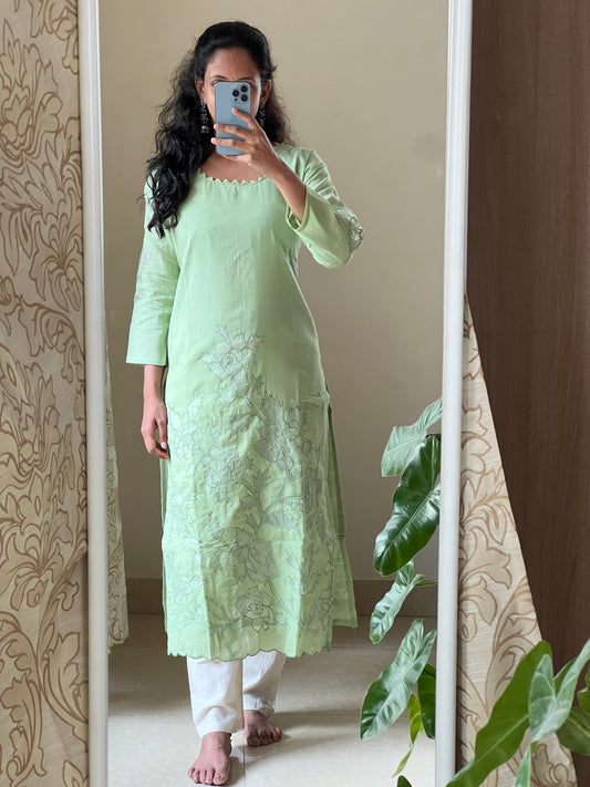 9164 green Mulmul 2 piece dress with organza applique work with Khadi pants