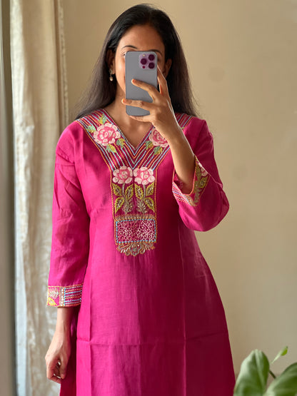 A0148 Pink mul chanderi one piece Dress with hand embroidery Detailing