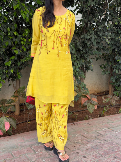 A0599 yellow mul chanderi coord set with hand embroidery detailing all over the neck & bottoms
