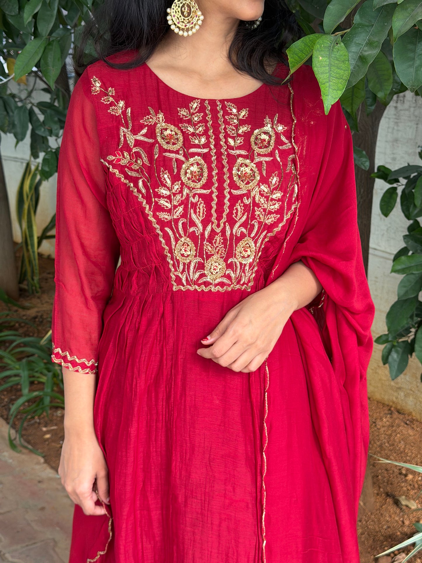 A0615 red mul chanderi 3 piece suit with zardosi hand embroidery detailing & smoking details at sides