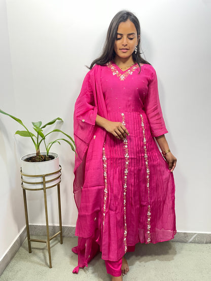 A0338 Premium Mul chanderi 3 piece set in pink shade with hand embroidery detailing