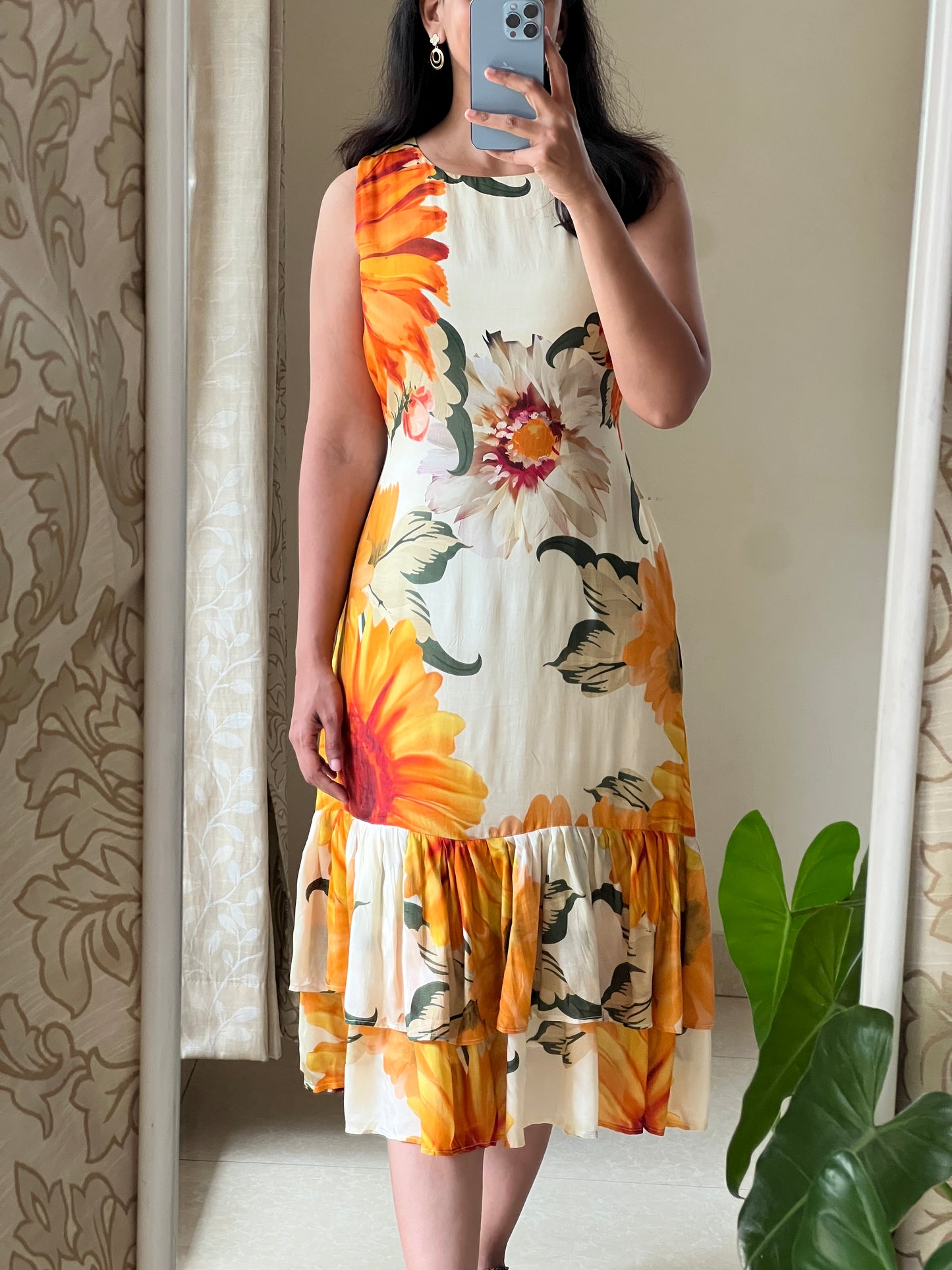 A0511 sunflower cotton silk one piece dress with digital floral printed pattern, sleeves are provided inside