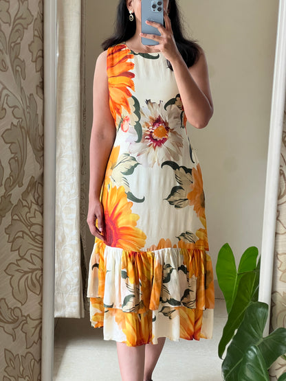 A0511 sunflower cotton silk one piece dress with digital floral printed pattern, sleeves are provided inside