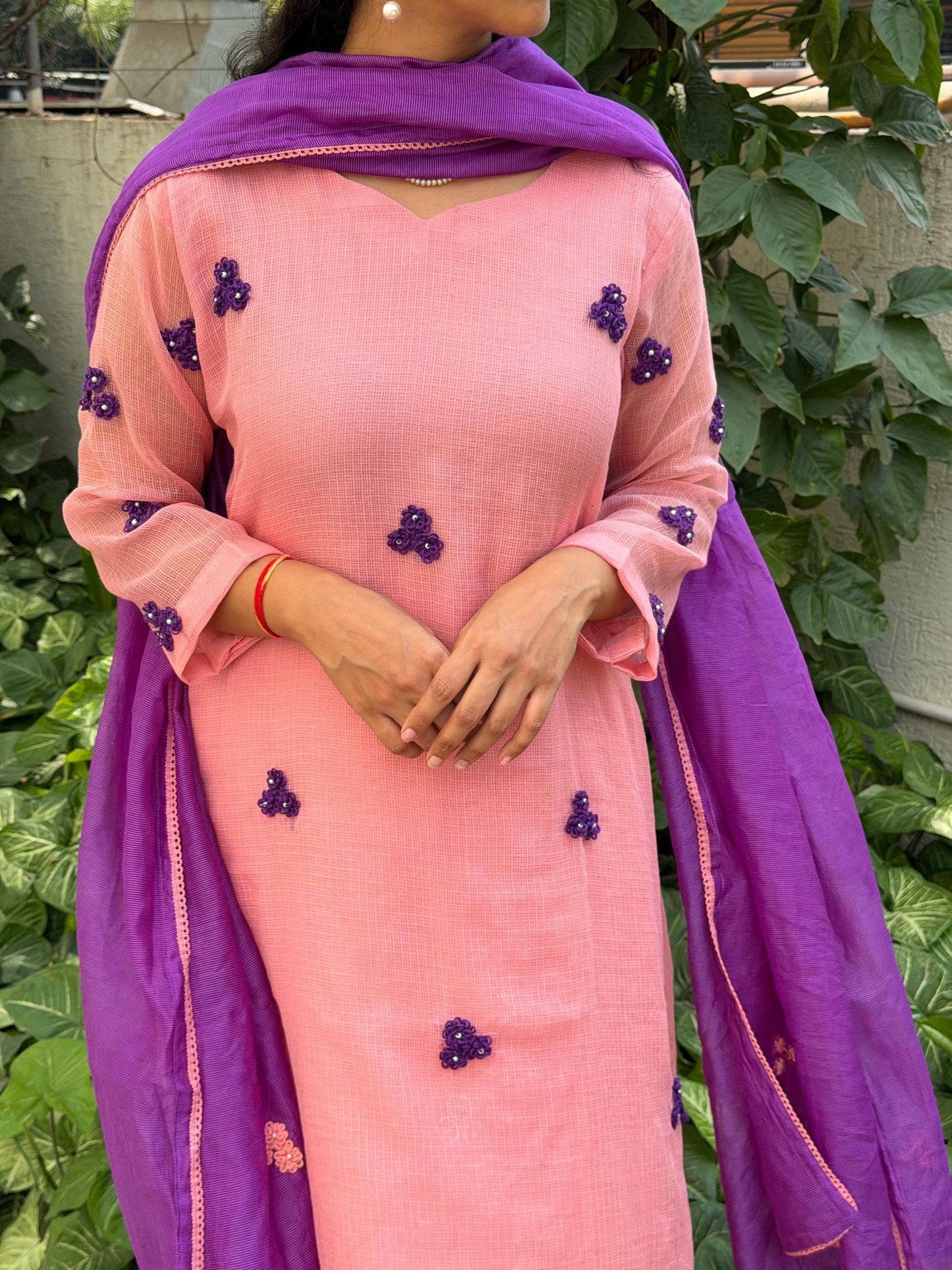 A0664 peach & purple Kota 3 piece dress with floral hand embroidery butties all over the dress