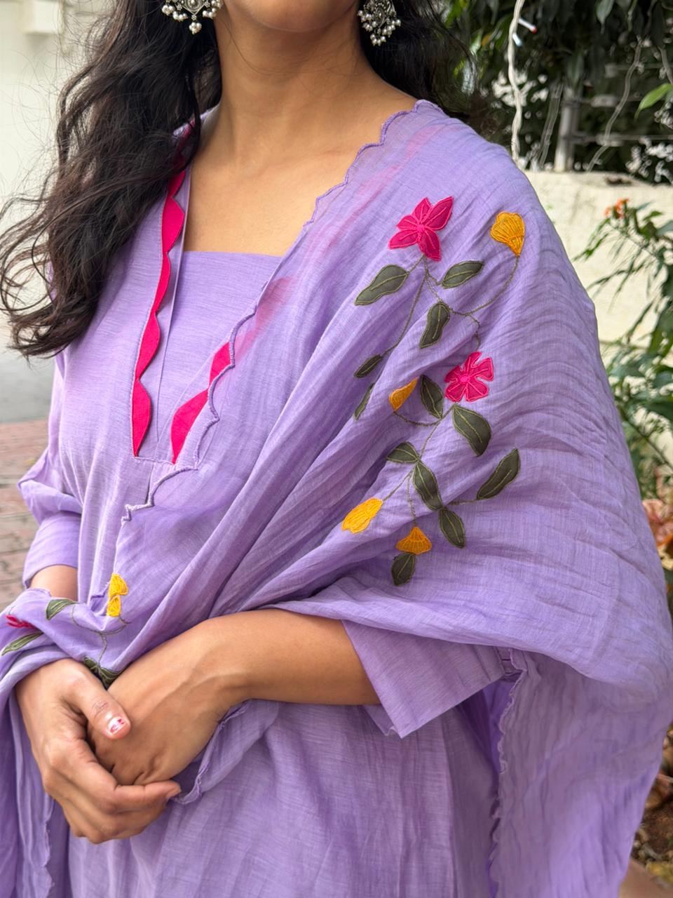 A0624 lavender mul chanderi 3 piece suit with applique work detailing