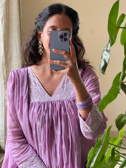 A0518 lavender mul chanderi 3 piece dress with embroidery detailing all over the dress