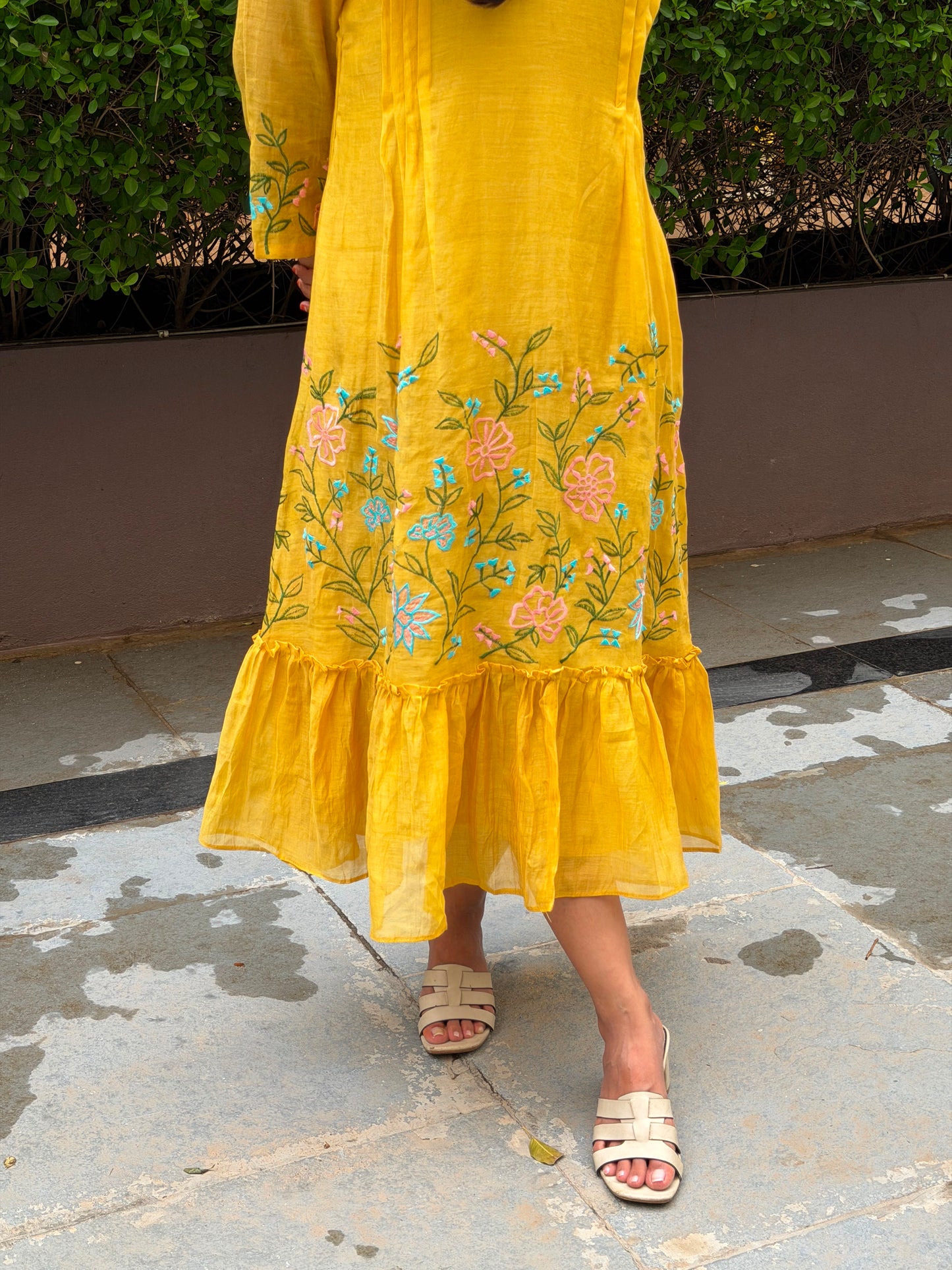 A0822 mustard mul chanderi one piece dress
