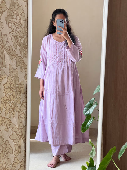 #9149 Mulmul lavender two piece dress with pleats and hand embroidery on hands