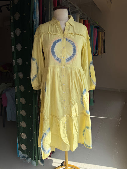 Yellow cotton tie die dress with knot work detailing on yoke part