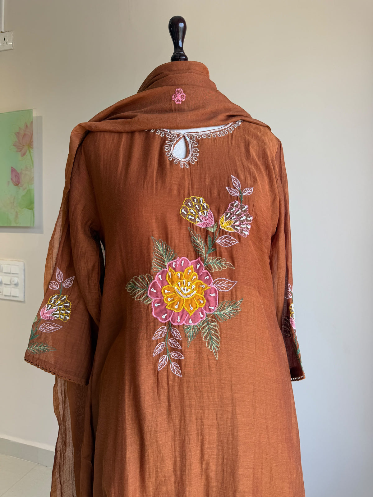 A0855 rust brown mul chanderi applique work 3 piece dress