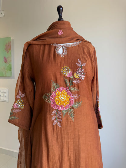 A0855 rust brown mul chanderi applique work 3 piece dress