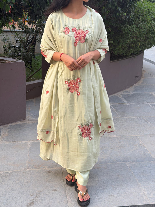 A0704 pista green mul chanderi 3 piece dress floral embroidery butties all over the dress comes with cut work duppatta