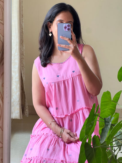 A0489 Pink heart Bengal cotton jamdani one piece dress comes with sleeves inside
