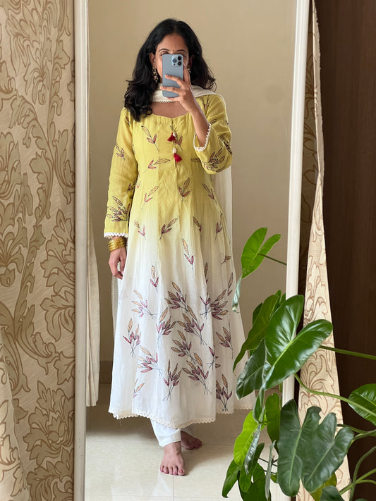 A0504 yellow & white shaded mul chanderi 3 piece dress with Kantha work detailing all over the dress