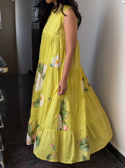 A0825 green mul cotton tier dress