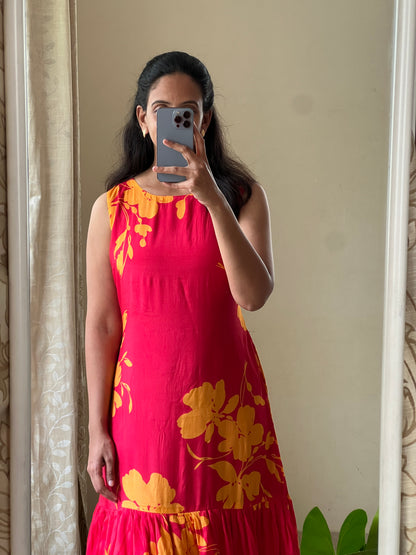 A0512  red & yellow cotton silk one piece dress with digital floral printed pattern, sleeves are provided inside