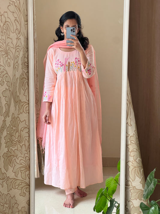 A0486 peach Mulmul 3 piece dress with kota duppatta & machine embroidery detailing