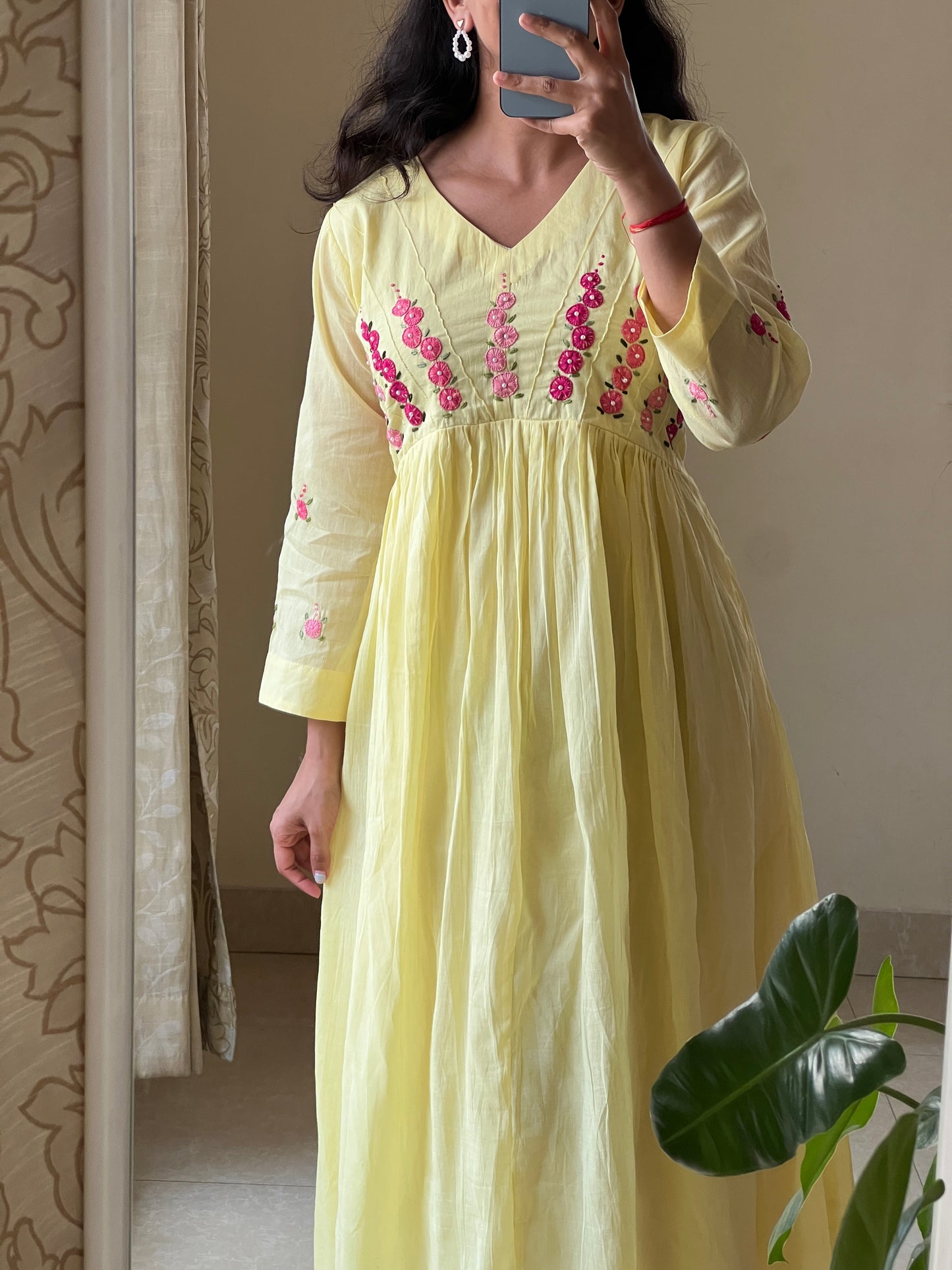 A0646 yellow Mulmul cotton one piece dress with hand embroidery detailing on yoke part