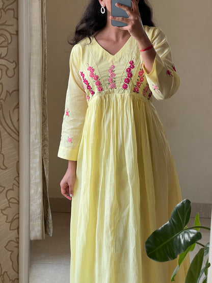 A0646 yellow Mulmul cotton one piece dress with hand embroidery detailing on yoke part