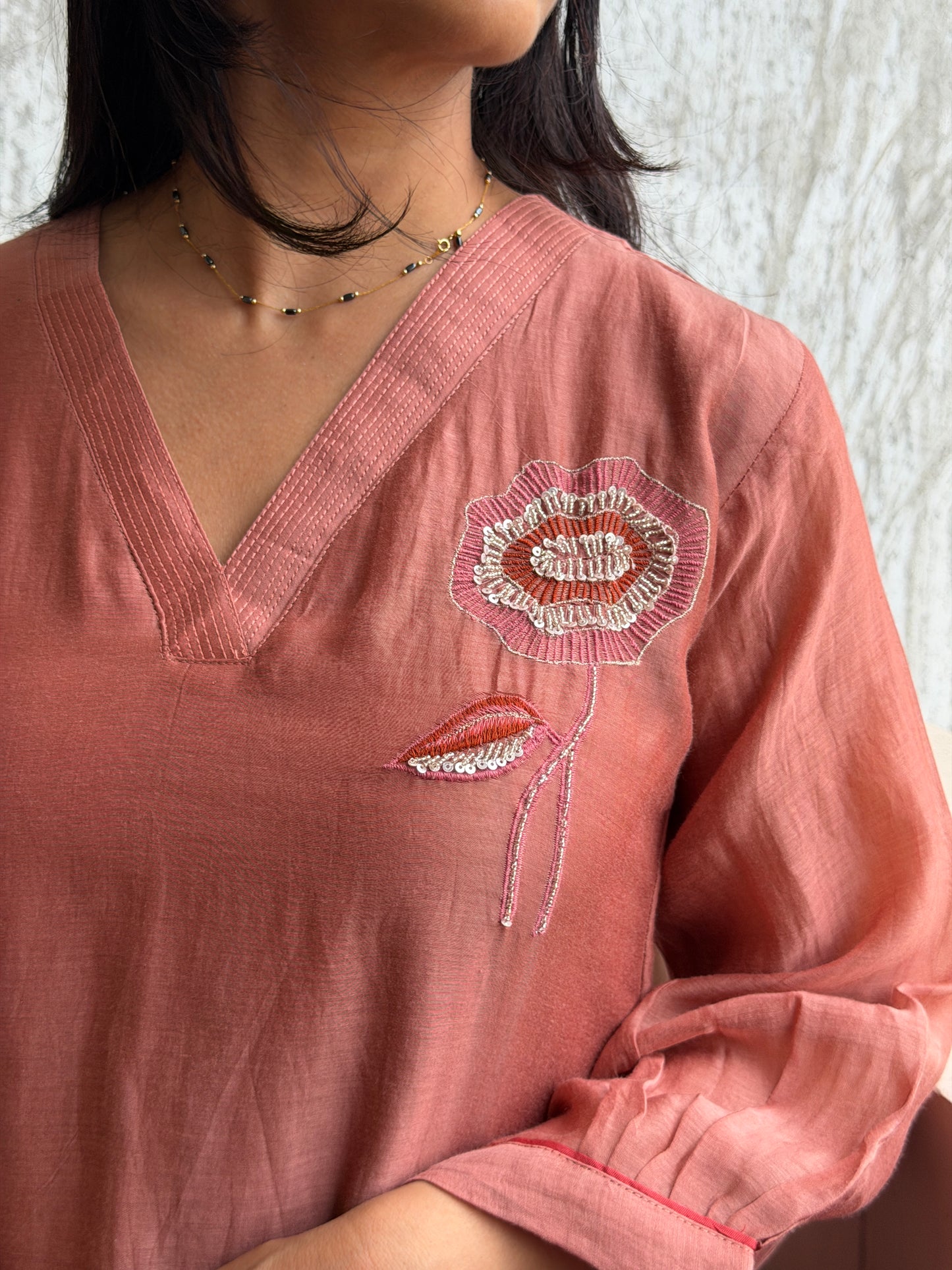 A0802 Mocha musse Premium Mul Chanderi 2pc set with embroidery detailing