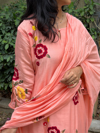 A0766 peach Mul chanderi 3 piece dress with hand paint , applique work & hand embroidery detailing all over the dress