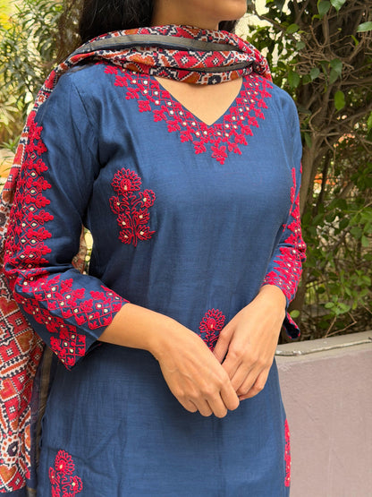 A0629 blue mul chanderi 3 piece dress with patola duppatta