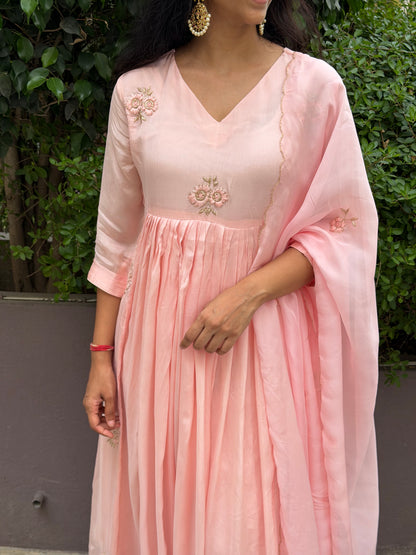A0676 peach Chinnon 3 piece dress with hand embroidery butties all over the dress with organza cut work duppatta