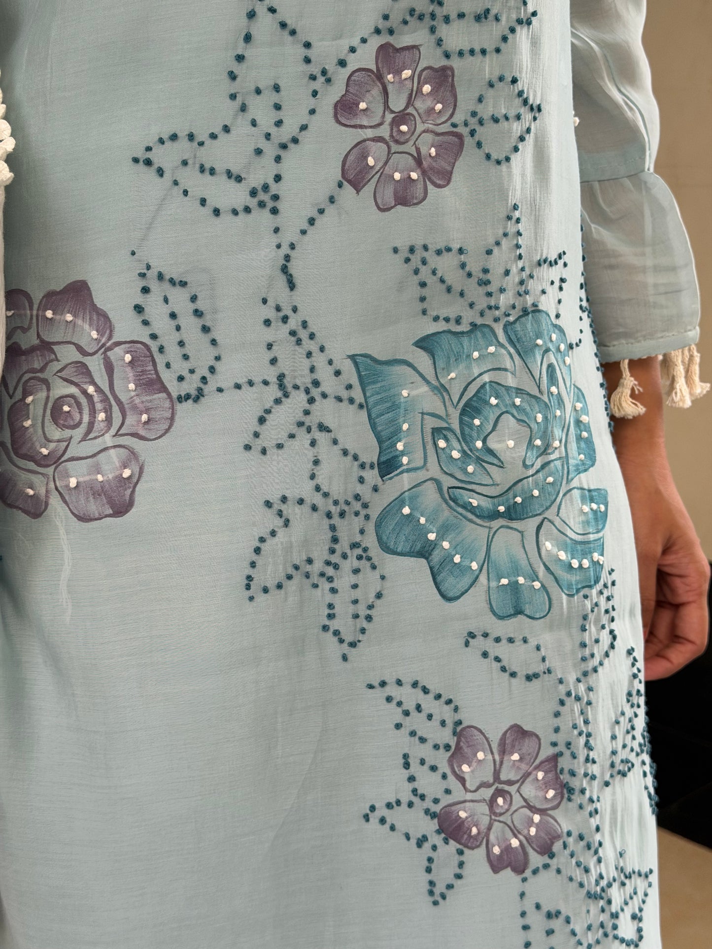 A0600 ice blue mul chanderi coord set with hand painted & knot work detailing all over the top