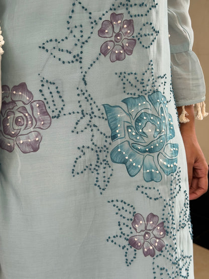 A0600 ice blue mul chanderi coord set with hand painted & knot work detailing all over the top
