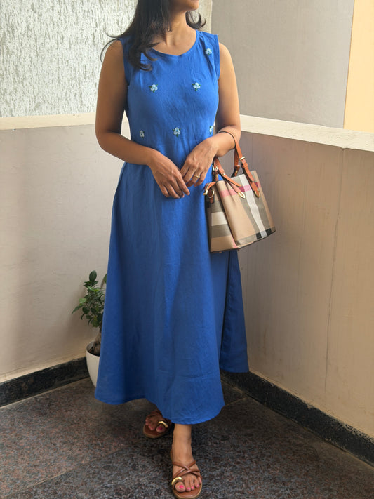 A0774 blue Linen a line dress with hand embroidery floral butties.