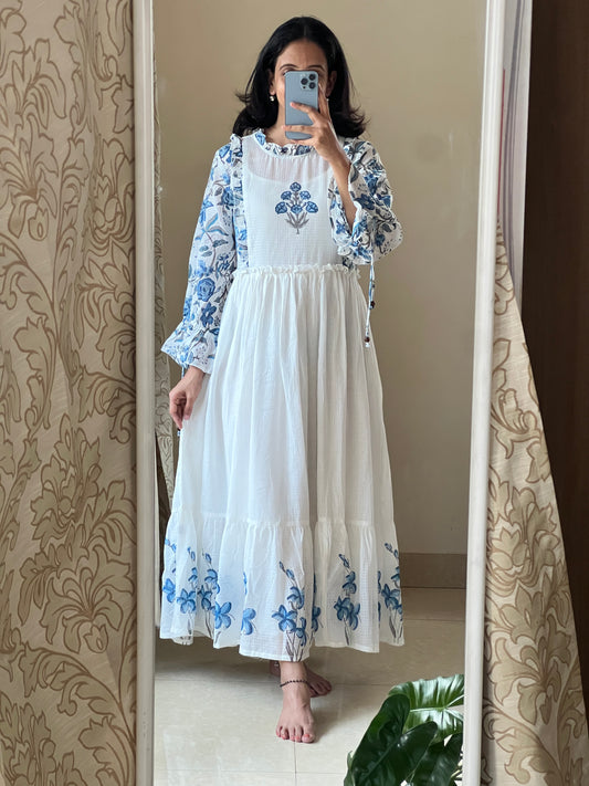 A0464 pure cotton kota white & blue hand block printed dress comes with separate lining inside
