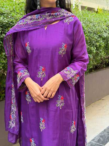 A0620 purple mul chanderi 3 piece suit with Kantha work detailing all over the dress & duppatta
