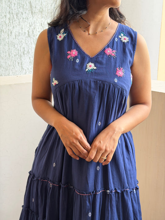 A0744 Blue Bengal cotton Jamdani dress with floral hand embroidery detailing