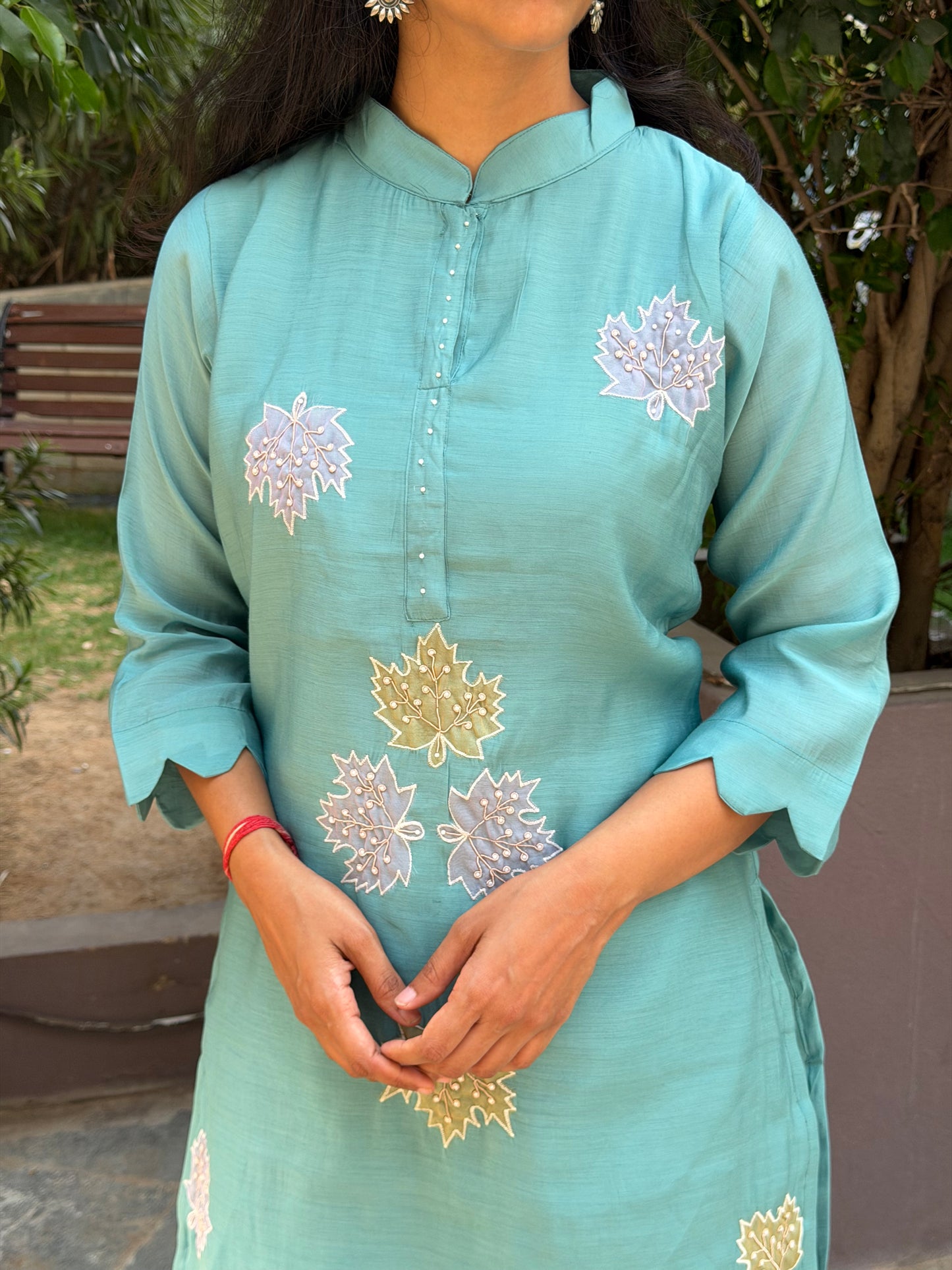 A0691 sea blue mul chanderi coord set with applique work detailing all over the dress