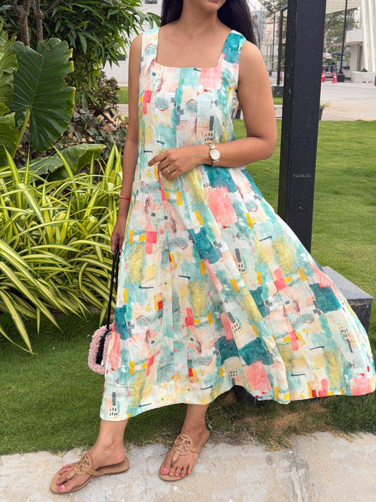 A0736 Lenin cream base multi colour abstract print all over the dress in kalis model comes with 16 inches sleeves inside