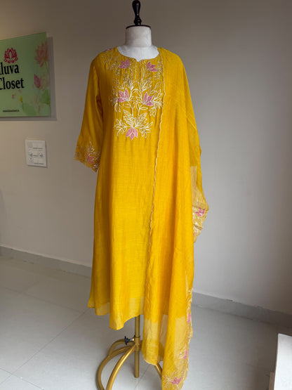 A0847 mustard mul chanderi pitta embroidery 3 piece dress