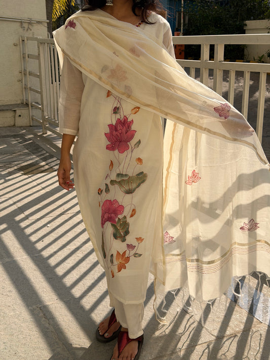 A0613 Cream shade hand painted mul Chanderi suit set