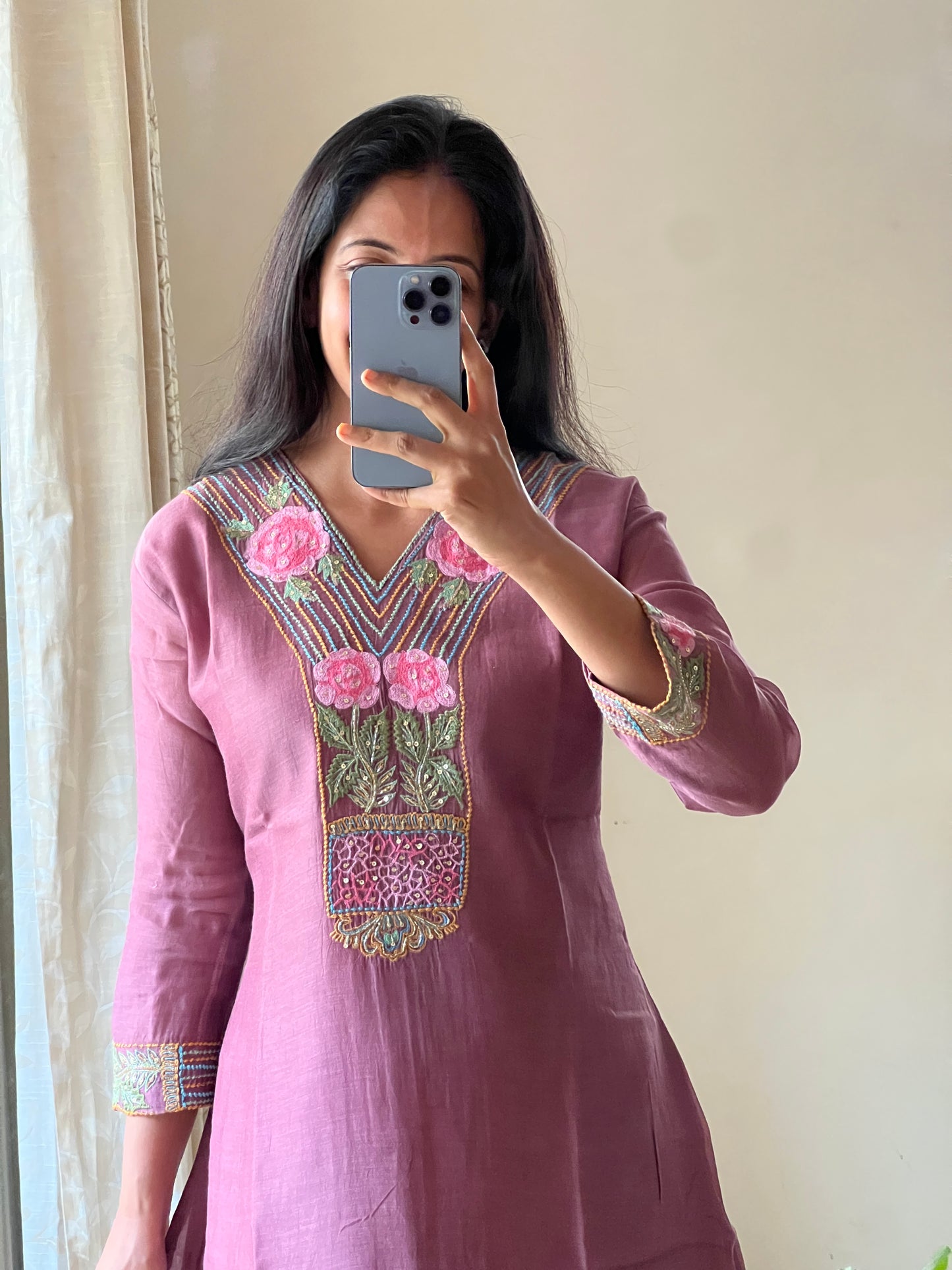 A0149 grape wine mul chanderi one piece dress with rose embroidery detailing