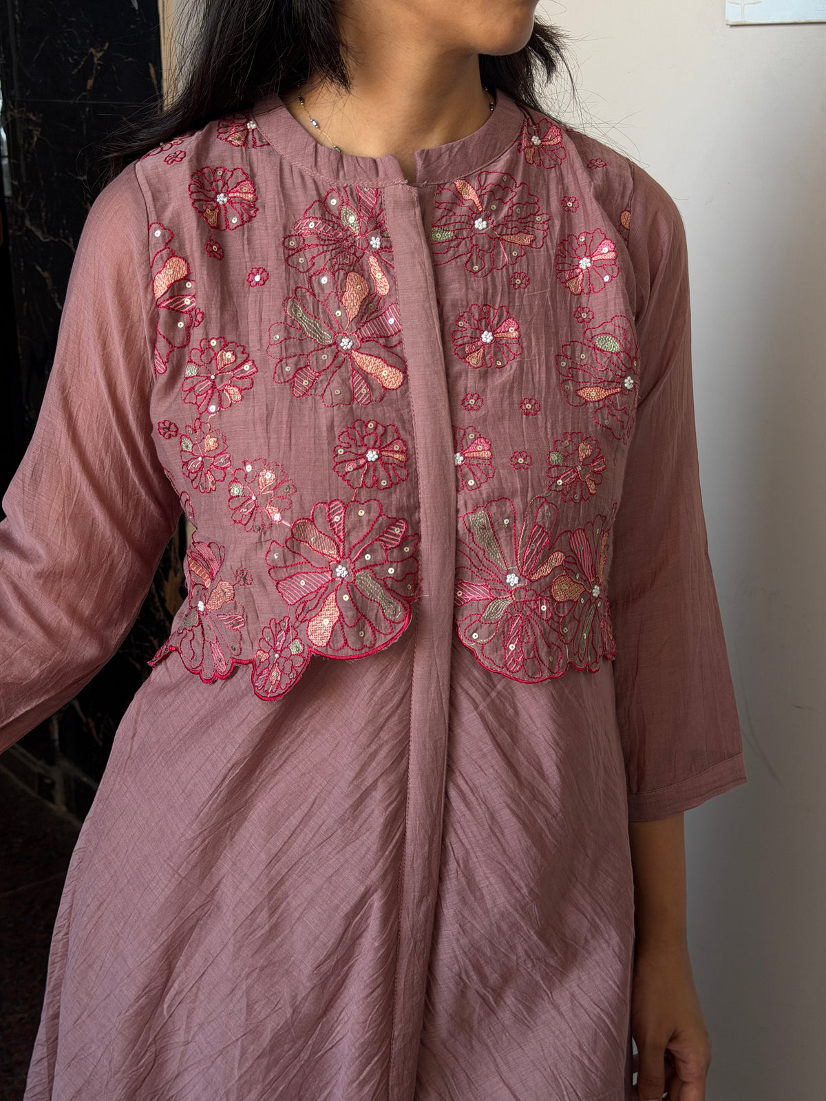 Brown Mul Chanderi 2pc Cord set with coat style look.