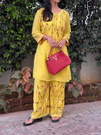 A0599 yellow mul chanderi coord set with hand embroidery detailing all over the neck & bottoms