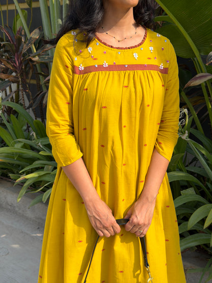 A0760 mustard & rust Jamdani one piece dress