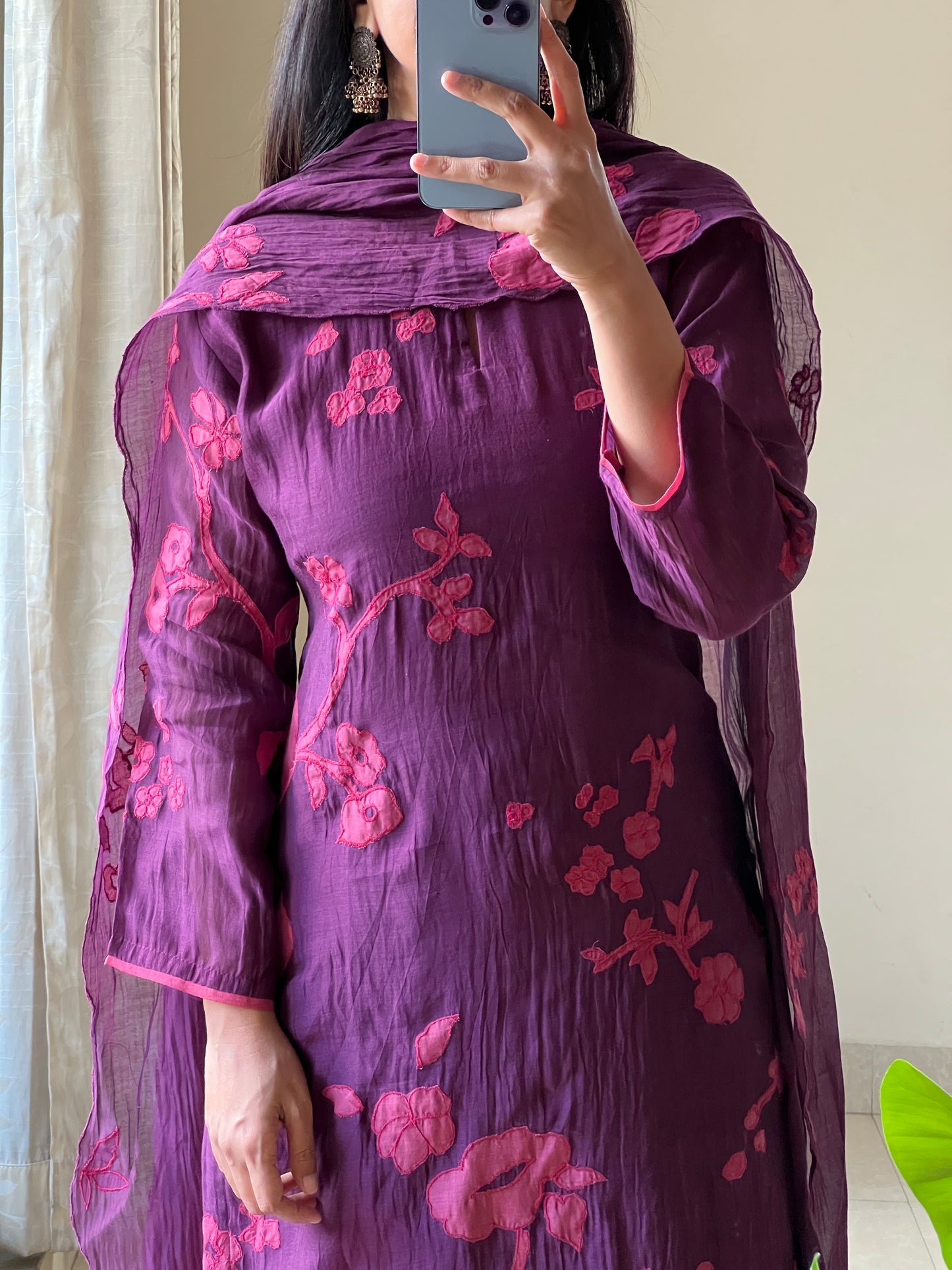 A0572 wine mul chanderi 3 piece dress with applique embroidery detailing all over the dress & duppatta