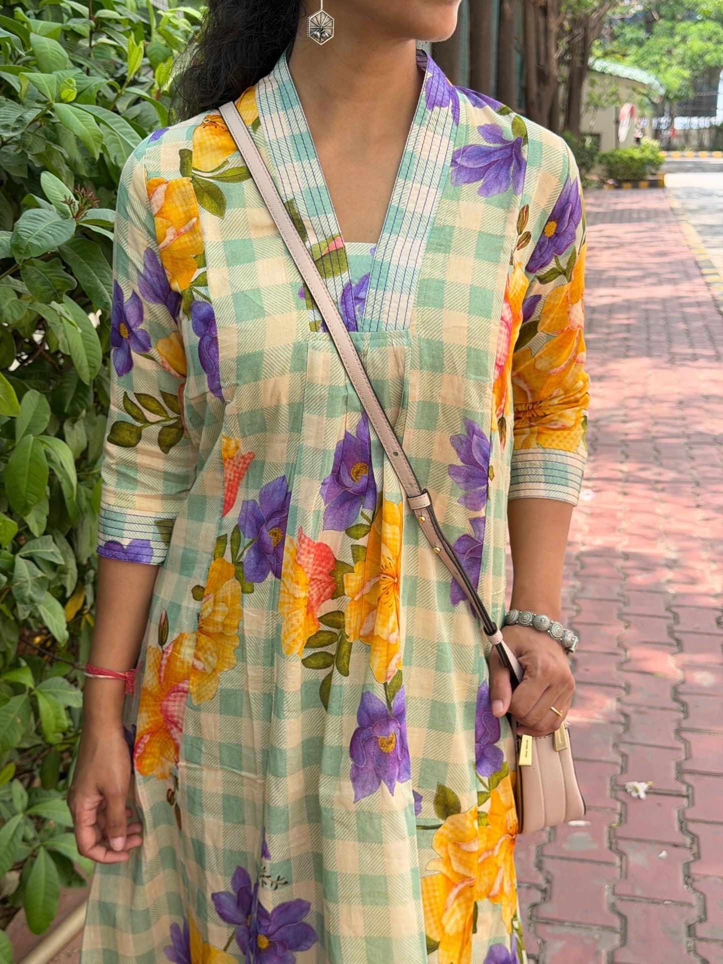 A0727 Green checks mul cotton dress with floral detailing