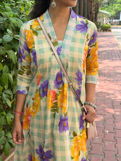 A0727 Green checks mul cotton dress with floral detailing