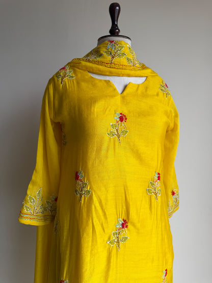 A0841 yellow mul chanderi Kantha work embroidery 3 piece dress