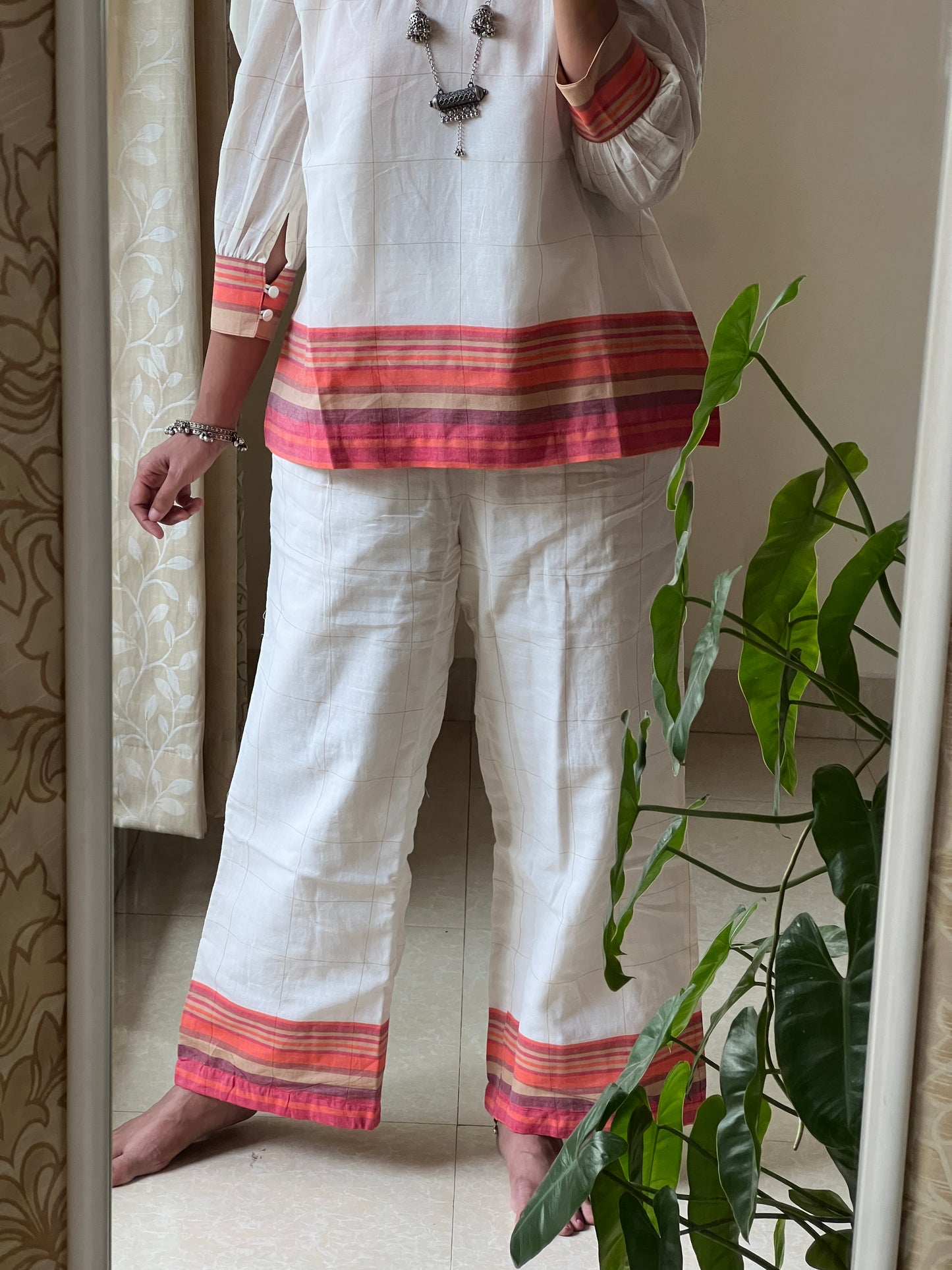 A0165 cream Bengal cotton jamdani coord set